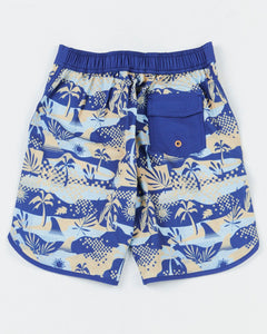 Alphabet Soup's Teen Poolside Boardshorts for boys aged 8-16. All-over tropical print in blues, drawstring waist, 4-way stretch, quick-dry Poly/Elastane blend and Velcro pocket.
