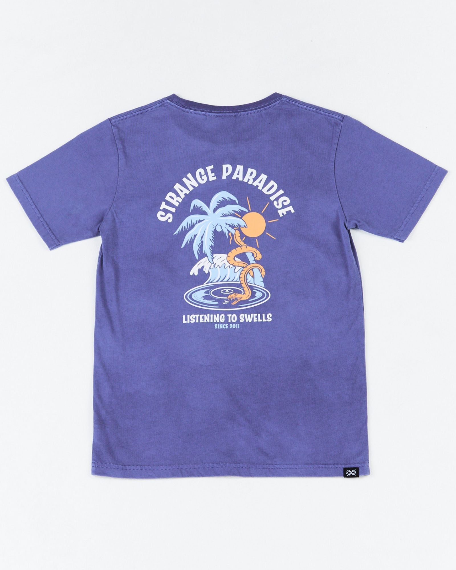 Alphabet Soup's Kids Ripple Tee for boys aged 2-7. Featuring 100% cotton, pigment dye in ocean blue hues & front/back retro surf print “Strange Paradise”.