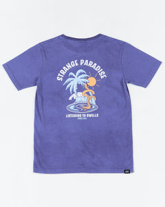 Alphabet Soup's Teen Ripple Tee for boys aged 8-16. Featuring 100% cotton, pigment dye in ocean blue hues & front/back retro surf print “Strange Paradise”.