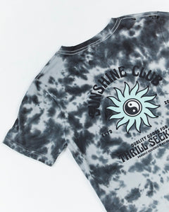 Teen Sunshine Club Tee by Alphabet Soup in grey tie dye colourway for boys aged 8-16. Featuring 100% cotton, short sleeves, regular fit, “Sunshine Club” prints to chest and back.