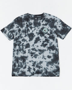 Kids Sunshine Club Tee by Alphabet Soup in grey tie dye colourway for boys aged 2-7. Featuring 100% cotton, short sleeves, regular fit, “Sunshine Club” prints to chest and back.