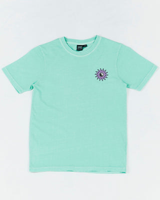 Kids Sunshine Club Tee by Alphabet Soup in mint green colourway for boys aged 2-7. Featuring 100% cotton, short sleeves, regular fit, “Sunshine Club” prints to chest and back.