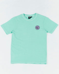 Teen Sunshine Club Tee by Alphabet Soup in mint green colourway for boys aged 8-16. Featuring 100% cotton, short sleeves, regular fit, “Sunshine Club” prints to chest and back.
