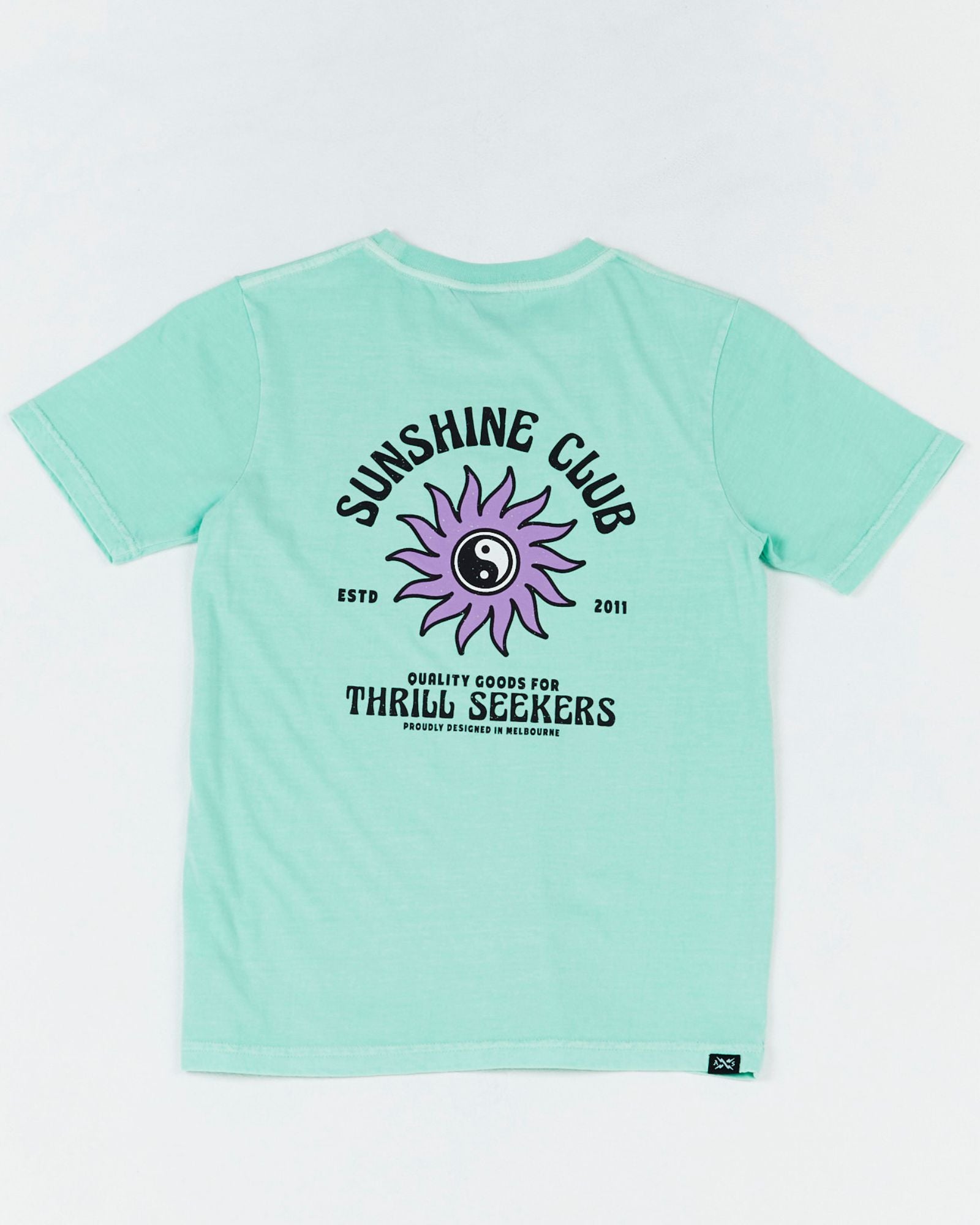 Teen Sunshine Club Tee by Alphabet Soup in mint green colourway for boys aged 8-16. Featuring 100% cotton, short sleeves, regular fit, “Sunshine Club” prints to chest and back.