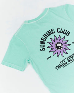 Kids Sunshine Club Tee by Alphabet Soup in mint green colourway for boys aged 2-7. Featuring 100% cotton, short sleeves, regular fit, “Sunshine Club” prints to chest and back.