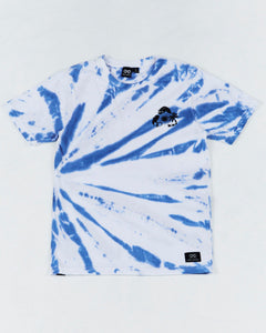 The Alphabet Soup Kids Surf Skate Tee for boys aged 2-7.  Featuring 100% cotton jersey with blue and white tie dye, Surf, Skate, Repeat print to chest/back. ribbed crew neckline and straight hem.