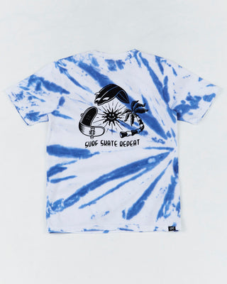 The Alphabet Soup Kids Surf Skate Tee for boys aged 2-7.  Featuring 100% cotton jersey with blue and white tie dye, Surf, Skate, Repeat print to chest/back. ribbed crew neckline and straight hem.