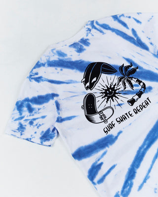 The Alphabet Soup Teen Surf Skate Tee for boys aged 8-16.  Featuring 100% cotton jersey with blue and white tie dye, Surf, Skate, Repeat print to chest/back. ribbed crew neckline and straight hem.