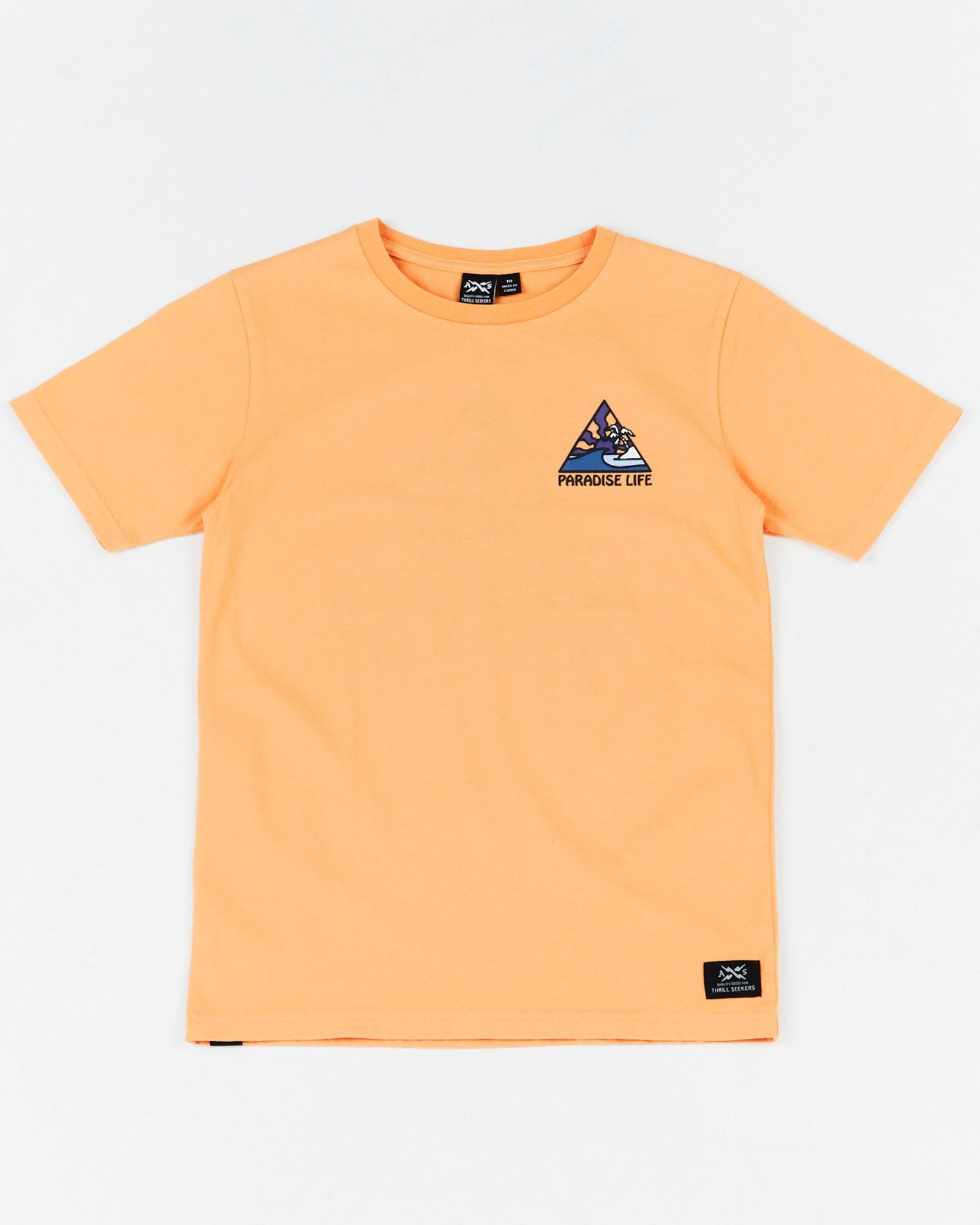  Alphabet Soup's Kids Thruster Tee for boys aged 2-7. Crafted from 100% Cotton Jersey. A melon pigment dye tee, regular fit, straight hemline, short sleeves, ribbed crew neckline, and a retro surf “Paradise Life” print to chest and back.