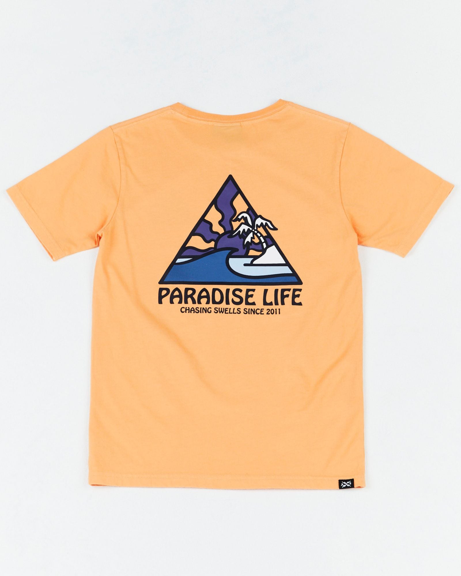 Alphabet Soup's Teen Thruster Tee for boys aged 8-16. Crafted from 100% Cotton Jersey. A melon pigment dye tee, regular fit, straight hemline, short sleeves, ribbed crew neckline, and a retro surf “Paradise Life” print to chest and back.