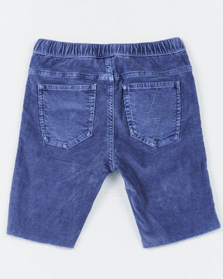 Alphabet Soup's Teen Trusty Cord Shorts for boys aged 8-16.  Crafted with cotton corduroy in blue enzyme wash with stretch, including adjustable waist, raw hem, faux fly, hip & back pockets with bolt embroidery.