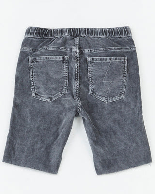 Alphabet Soup's Kids Trusty Cord Short for boys 2-7. Featuring relaxed fit & elastic-waisted comfort, grey cotton material & elastane, raw hem, faux fly, & hip pockets.