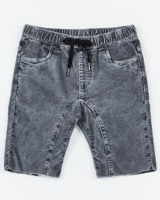 Alphabet Soup's Kids Trusty Cord Short for boys 2-7. Featuring relaxed fit & elastic-waisted comfort, grey cotton material & elastane, raw hem, faux fly, & hip pockets.