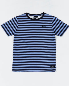 Alphabet Soup's Viggo Stripe Tee for boys aged 2-7. Featuring 100% cotton with two-tone navy stripe. Regular fit, short sleeves, ribbed neckline, straight hem & logo on trim, vintage wash & embroidery at chest.