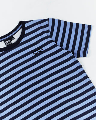 Alphabet Soup's Viggo Stripe Tee for boys aged 2-7. Featuring 100% cotton with two-tone navy stripe. Regular fit, short sleeves, ribbed neckline, straight hem & logo on trim, vintage wash & embroidery at chest.