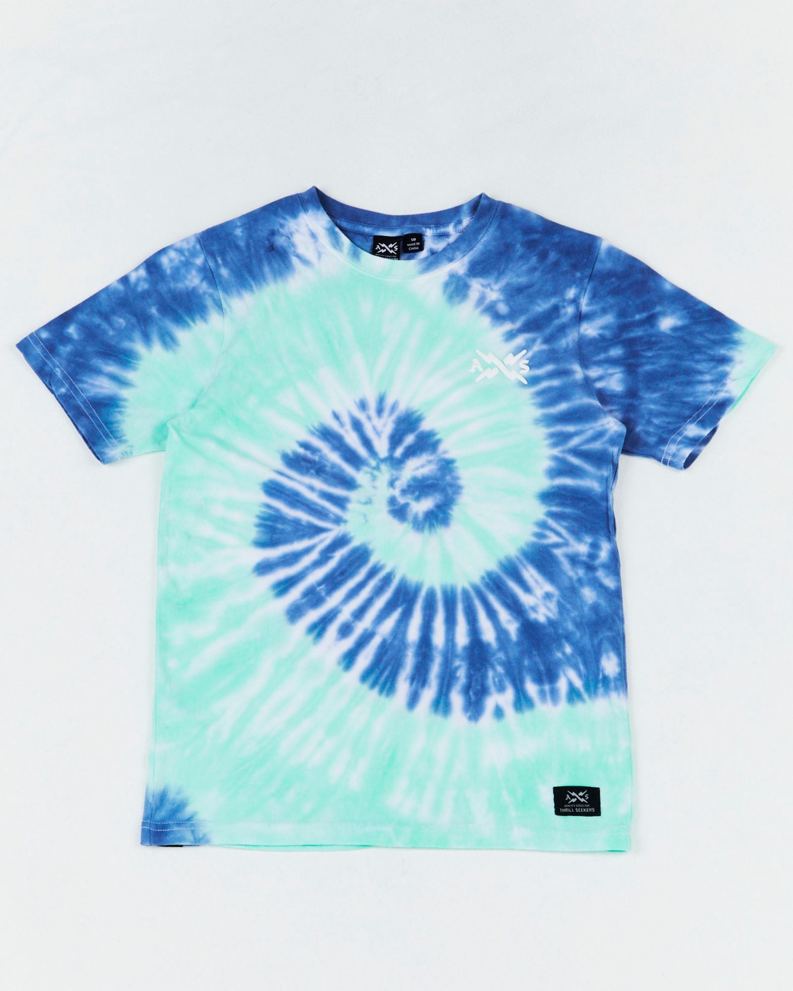 Teen Wipe Out tee by Alphabet Soup for boys aged 8-16. Featuring an all over mint green and ocean blue tie swirl print, logo trim, short sleeves, regular fit, straight hemline, ribbed crew neckline and puff logo print to chest.