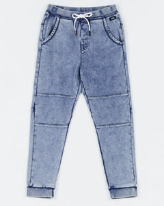Boys Kids Heritage Track Pants by Alphabet Soup are a rugged classic! They feature a faded denim look in French Terry cotton and a regular fit with an elasticized waist to guarantee an adventure-ready fit. For added style, there’s a dart to the back of the knee, plus ribbed waist and cuffs. And don't forget the dashing acid wash with logo badge to the back pocket for the explorer in your life