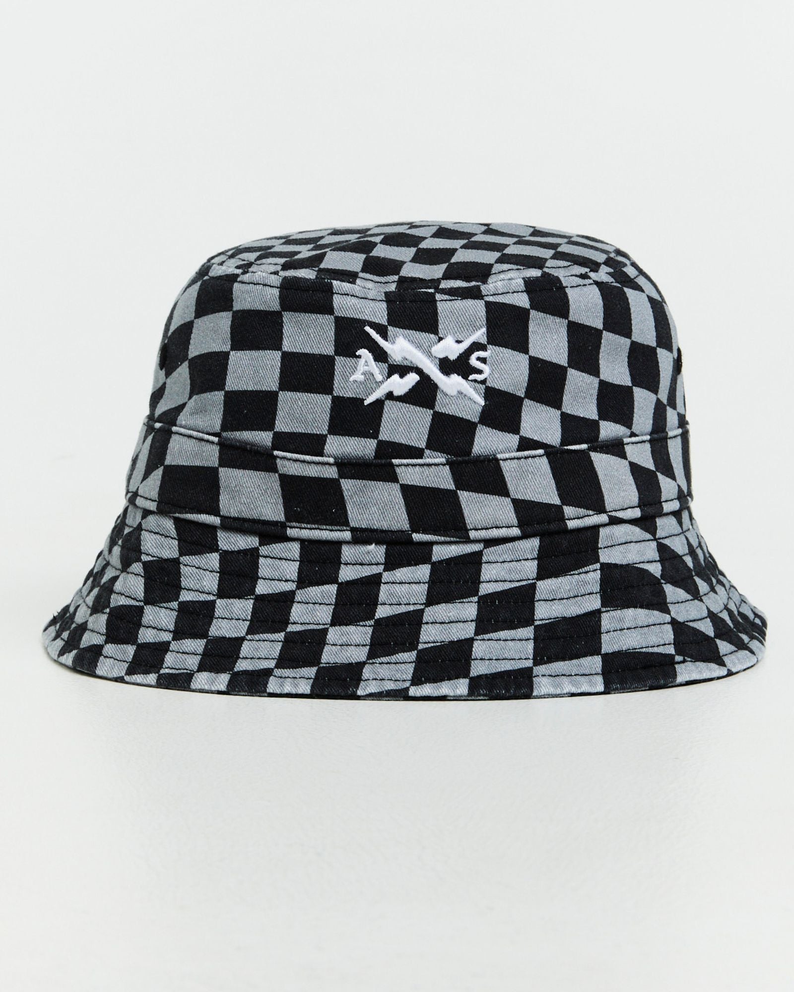 Alphabet Soup's Warped Bucket Hat for boys aged 2-16. Featuring 100% cotton twill, grey check pattern, unstructured style, eyelets, brim, logo centred.