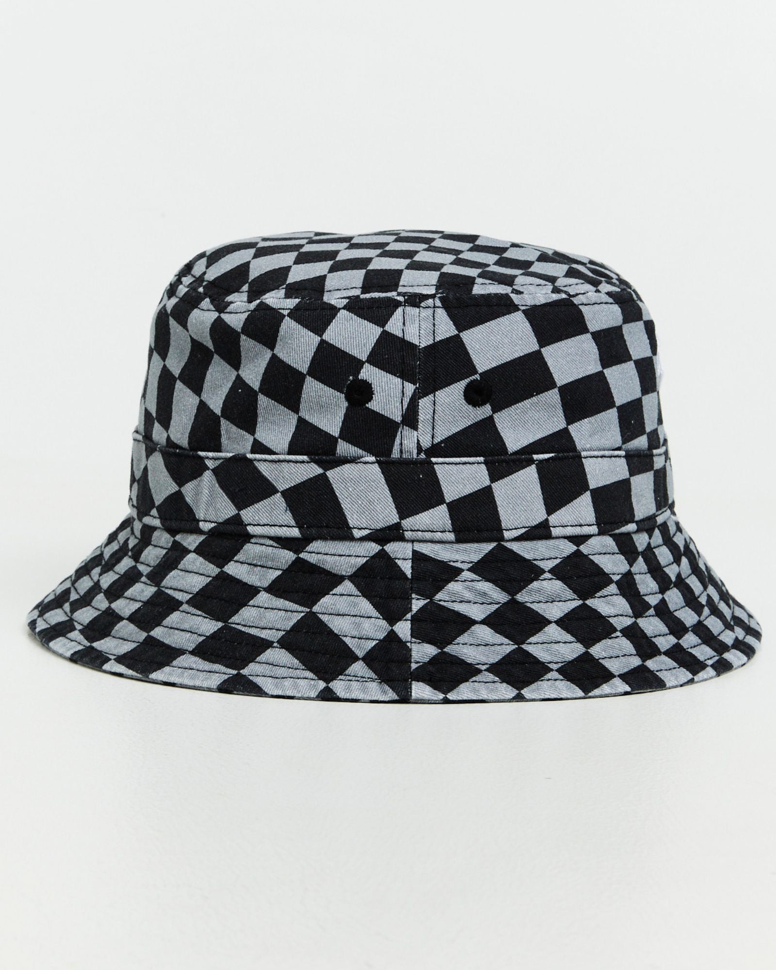 Alphabet Soup's Warped Bucket Hat for boys aged 2-16. Featuring 100% cotton twill, grey check pattern, unstructured style, eyelets, brim, logo centred.