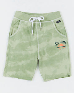 Kids Camo Short by Alphabet Soup for boys 2-7, featuring 100% green camo Cotton French Terry, adjustable drawcord, faux fly, raw hem, and pockets.