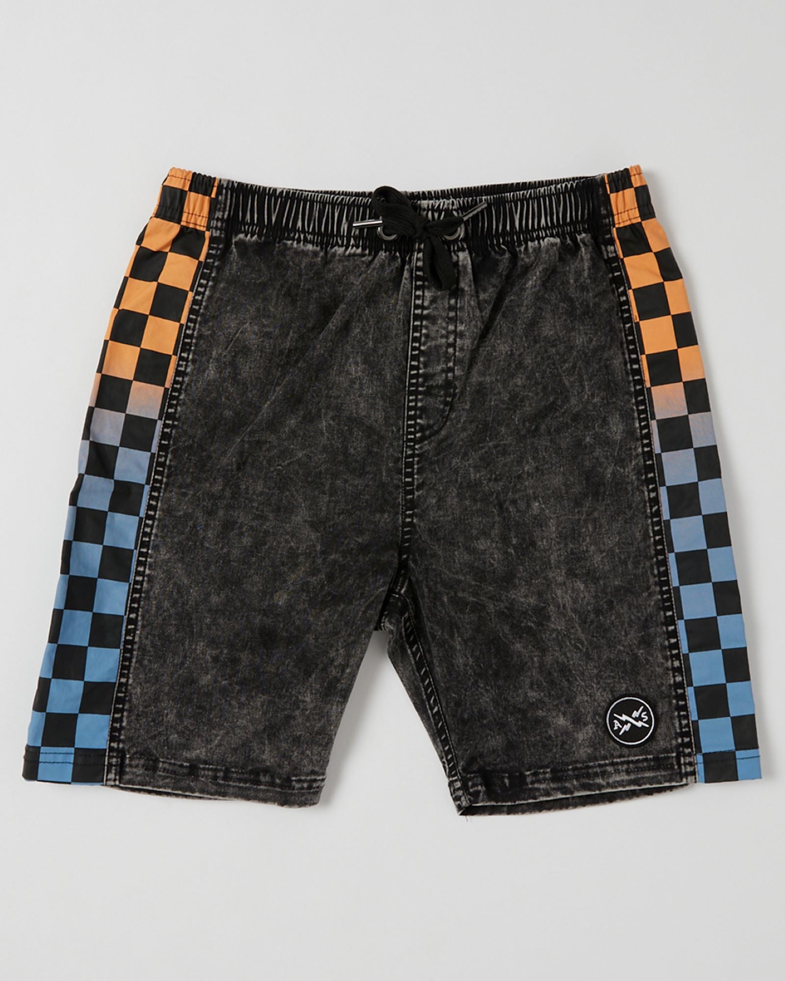 Alphabet Soup's Kids Check Mate Short for boys aged 2 to 7 offers an elastic waistband, adjustable drawstring, faux fly, and single back pocket with checkered panel detail.