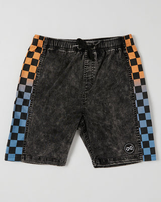 Alphabet Soup's Kids Check Mate Short for boys aged 2 to 7 offers an elastic waistband, adjustable drawstring, faux fly, and single back pocket with checkered panel detail.