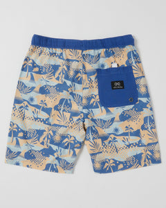 Alphabet Soup Kids Poolside Shorts designed for boys aged 2 to 7, offer a comfortable regular fit made of 100% cotton, featuring an adjustable draw cord, elastic waist, faux fly, and twin pockets. The vintage wash provides a stylish tropical print in three exciting colors.