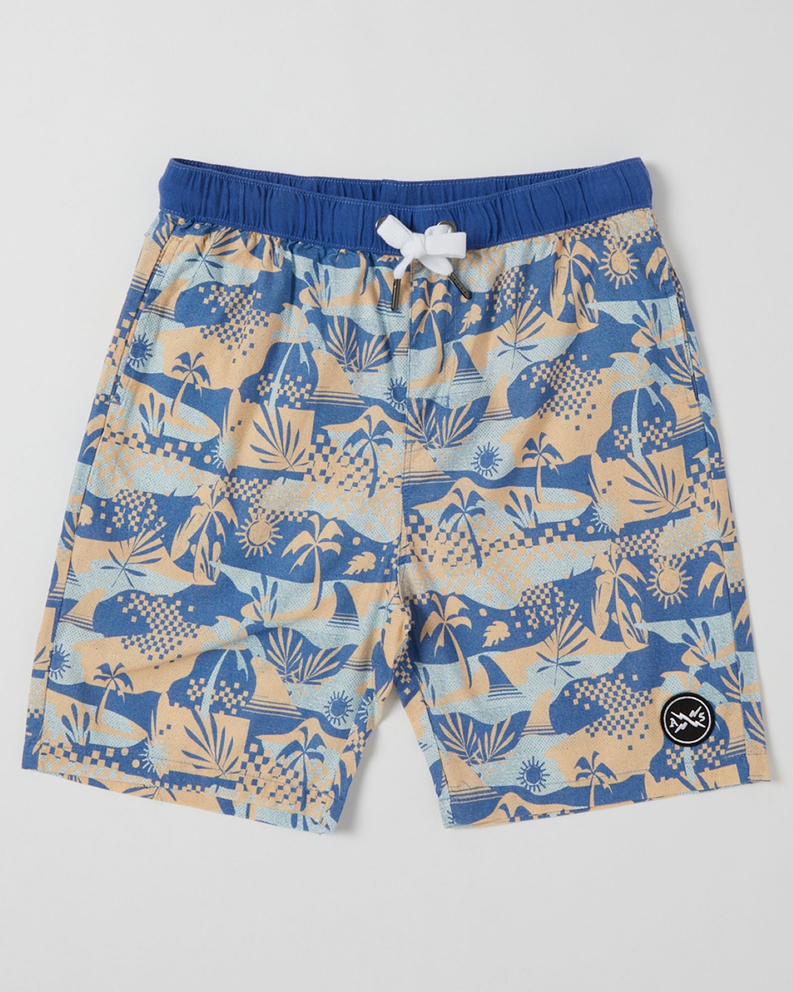 Alphabet Soup Kids Poolside Shorts designed for boys aged 2 to 7, offer a comfortable regular fit made of 100% cotton, featuring an adjustable draw cord, elastic waist, faux fly, and twin pockets. The vintage wash provides a stylish tropical print in three exciting colors.