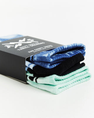 Alphabet Soup's Wipe Out 2-Pack Sock for boys 2-16. Featuring blue and green tie-dye, heel-less crew socks. Soft, stretchy cotton/poly blend.