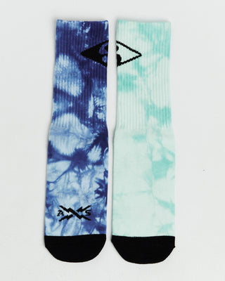 Alphabet Soup's Wipe Out 2-Pack Sock for boys 2-16. Featuring blue and green tie-dye, heel-less crew socks. Soft, stretchy cotton/poly blend.