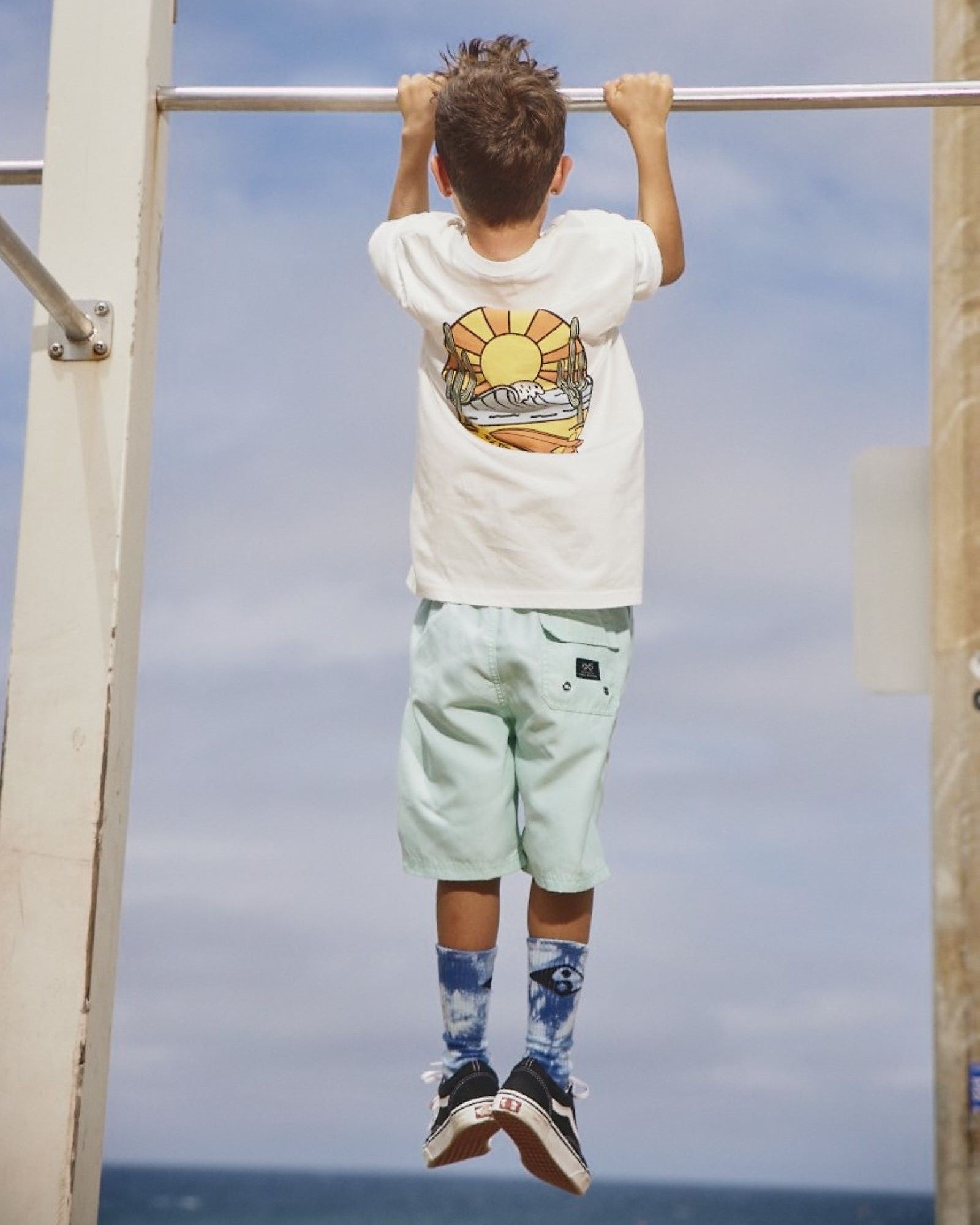 Alphabet Soup's Teen Go To Beach Shorts in mint green for boys aged 8-16. Featuring elasticated waist, adjustable drawcord, 2 mesh-lined pockets & back pocket, velcro-fastening, quick-drying & non-stretch fabric.