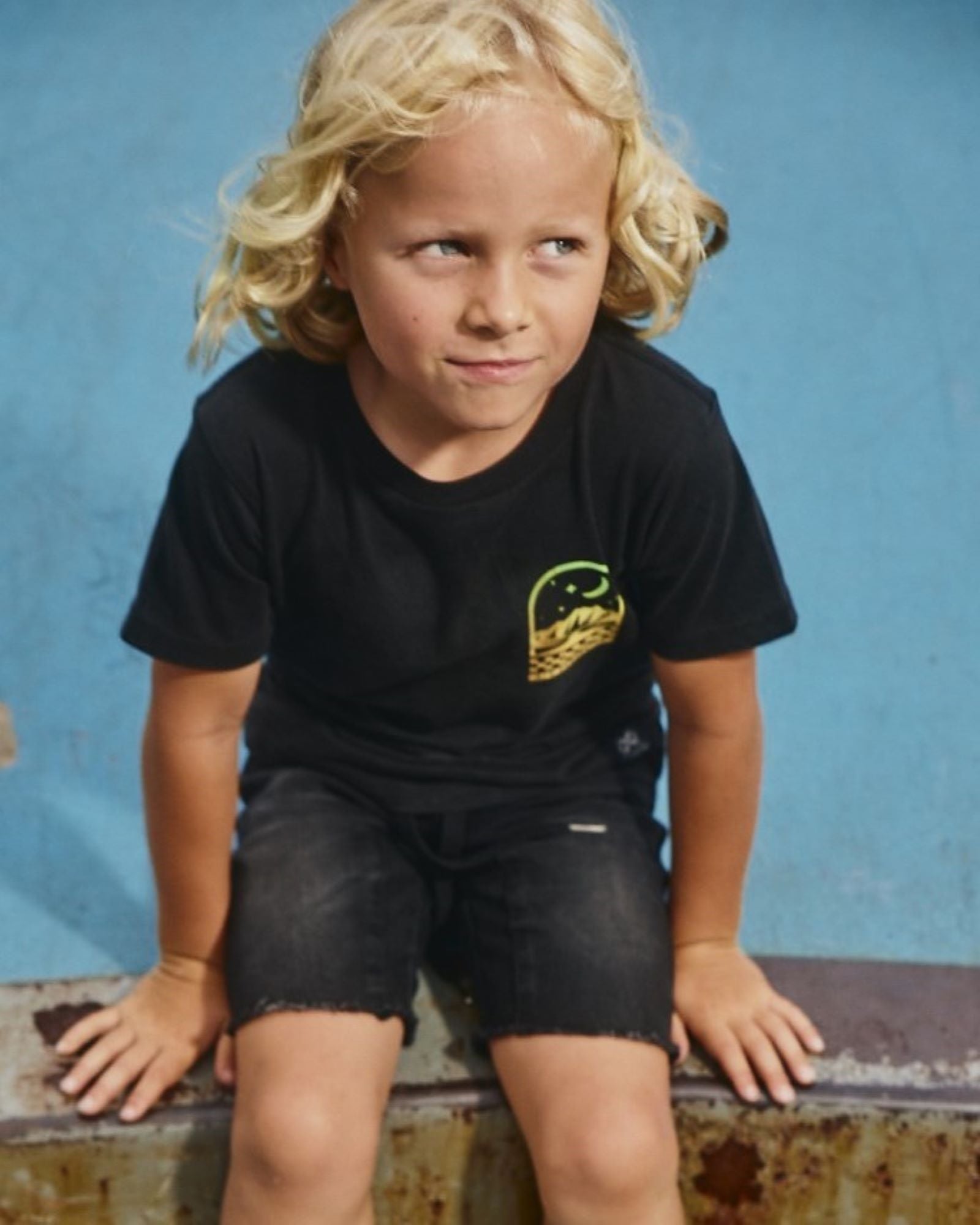 Alphabet Soup's Teen Mystical Tee in washed black cotton jersey for boys ages 2-7. Featuring a rad print “Take The Road Less Travelled” design on front and back, short sleeves, crew neck, and straight hemline.