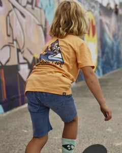 Alphabet Soup's Kids Trusty Cord Shorts for boys aged 2-7.  Crafted with cotton corduroy in blue enzyme wash with stretch, including adjustable waist, raw hem, faux fly, hip & back pockets with bolt embroidery.