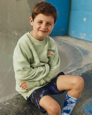 Alphabet Soup's Kids Camo Crew in Thyme Dye Camp print for boys aged 2-7. Featuring 100% Cotton French Terry, heavy fabric weight for comfort. Regular fit, straight hemline, ribbed crew neckline, thumbholes in cuffs. Tie dye with print to chest and back.