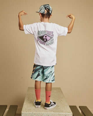 Kids' Good Vibes Tee by Alphabet Soup! For boys aged 2-7. Featuring 100% white cotton jersey, “Good Vibes, Fun Times” retro surf prints on chest and back in purple and blues, reg. fit, straight hem, short sleeves and ribbed crew neck.
