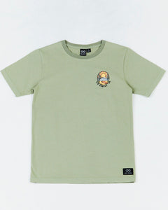 Alphabet Soup’s Teen Sunbeam Short Sleeve Tee in thyme green featuring classic ribbed crew neck, 100% cotton and Retro surf print on the front and back.