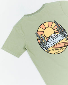 Alphabet Soup’s Teen Sunbeam Short Sleeve Tee in thyme green featuring classic ribbed crew neck, 100% cotton and Retro surf print on the front and back.