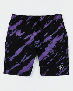 Teen Riptide Boardshorts by Alphabet Soup for boys aged 8-16. Feature an elastic waist, faux fly, diagonal tie purple and black dye, and bold logo patches.